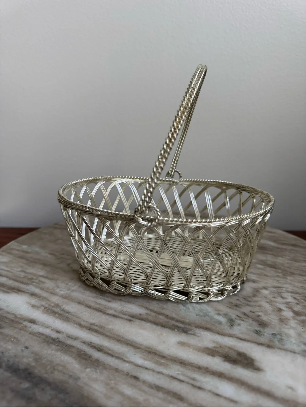 Vintage Silver Woven Metal Basket with Handle